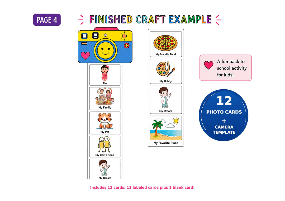All About Me Camera Craft Printable, Back to School Icebreaker, First Day Activity, Preschool Kindergarten Photo Card Craft