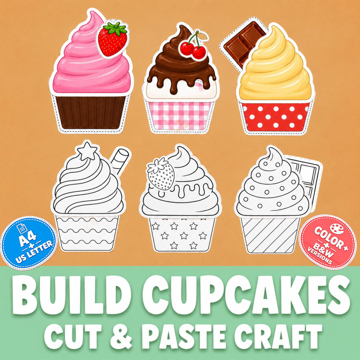Cupcake Cut and Paste Craft, Build a Cupcake Printable, Cutting and Pasting Activity, Birthday Craft for Kids, Cupcake C