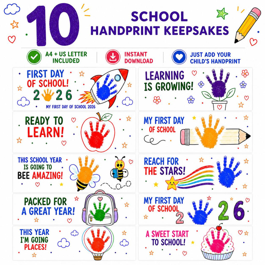 10 School Handprint Keepsakes Printable, Back to School Craft, First Day of School Activity, Preschool Handprint Art, A4