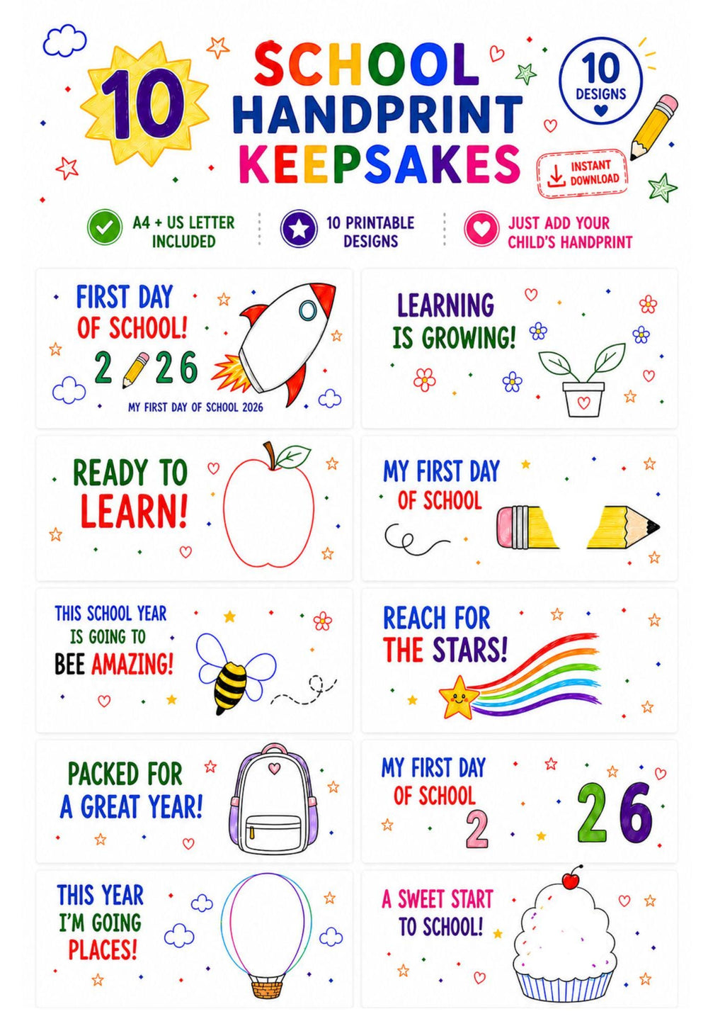 10 School Handprint Keepsakes Printable, Back to School Craft, First Day of School Activity, Preschool Handprint Art, A4 US Letter
