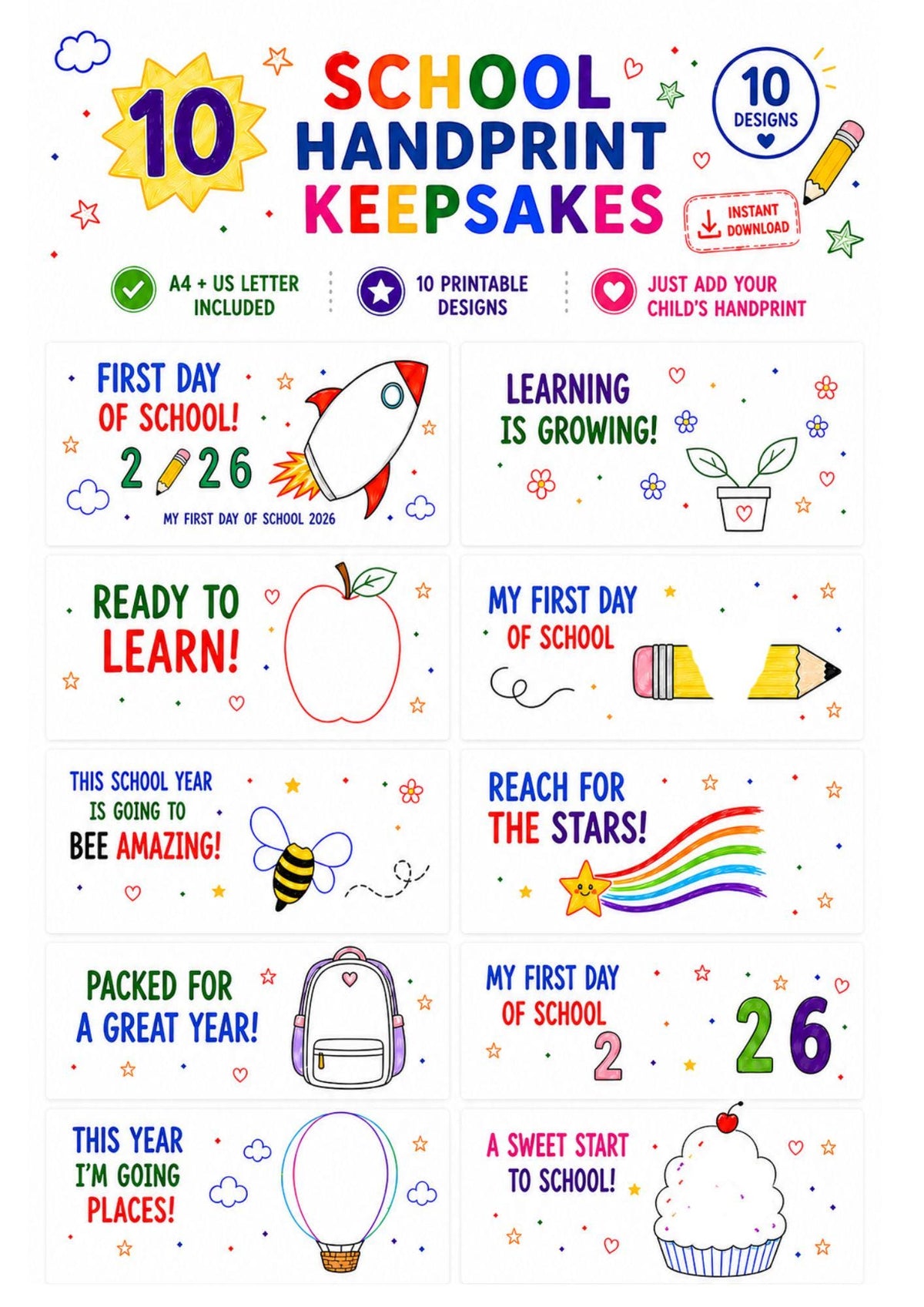 10 School Handprint Keepsakes Printable, Back to School Craft, First Day of School Activity, Preschool Handprint Art, A4 US Letter