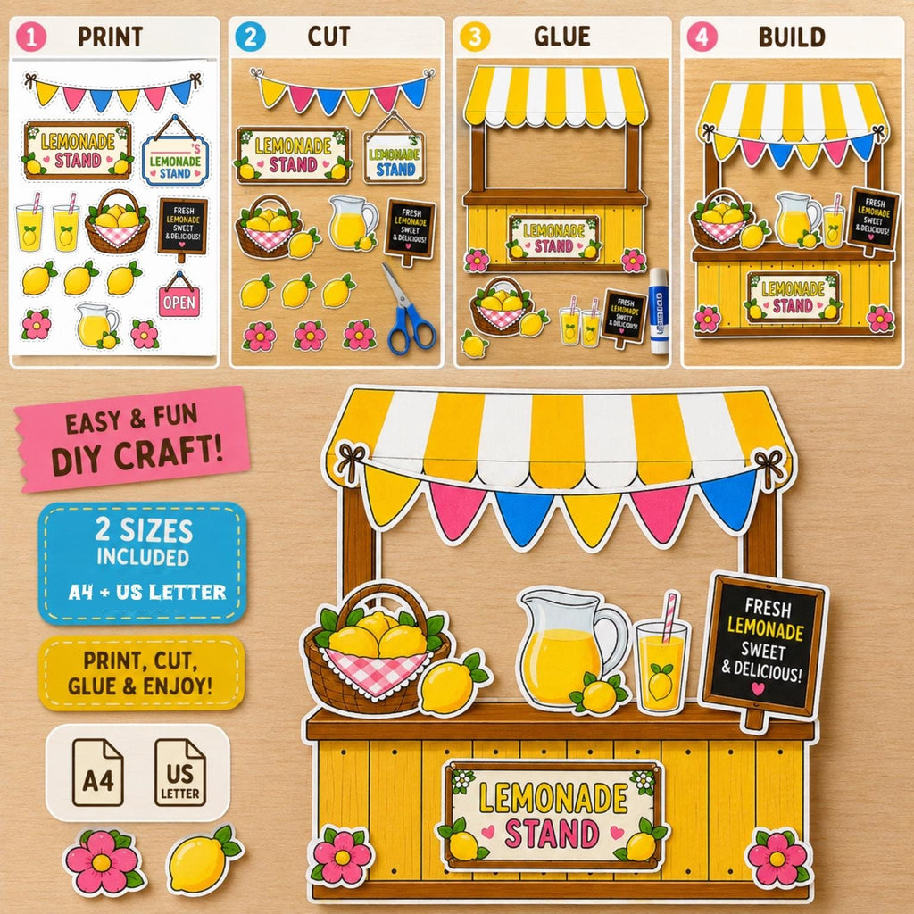 Lemonade Stand Printable Craft, Cut and Paste Summer Activity for Kids, Pretend Play Build a Lemonade Stand,