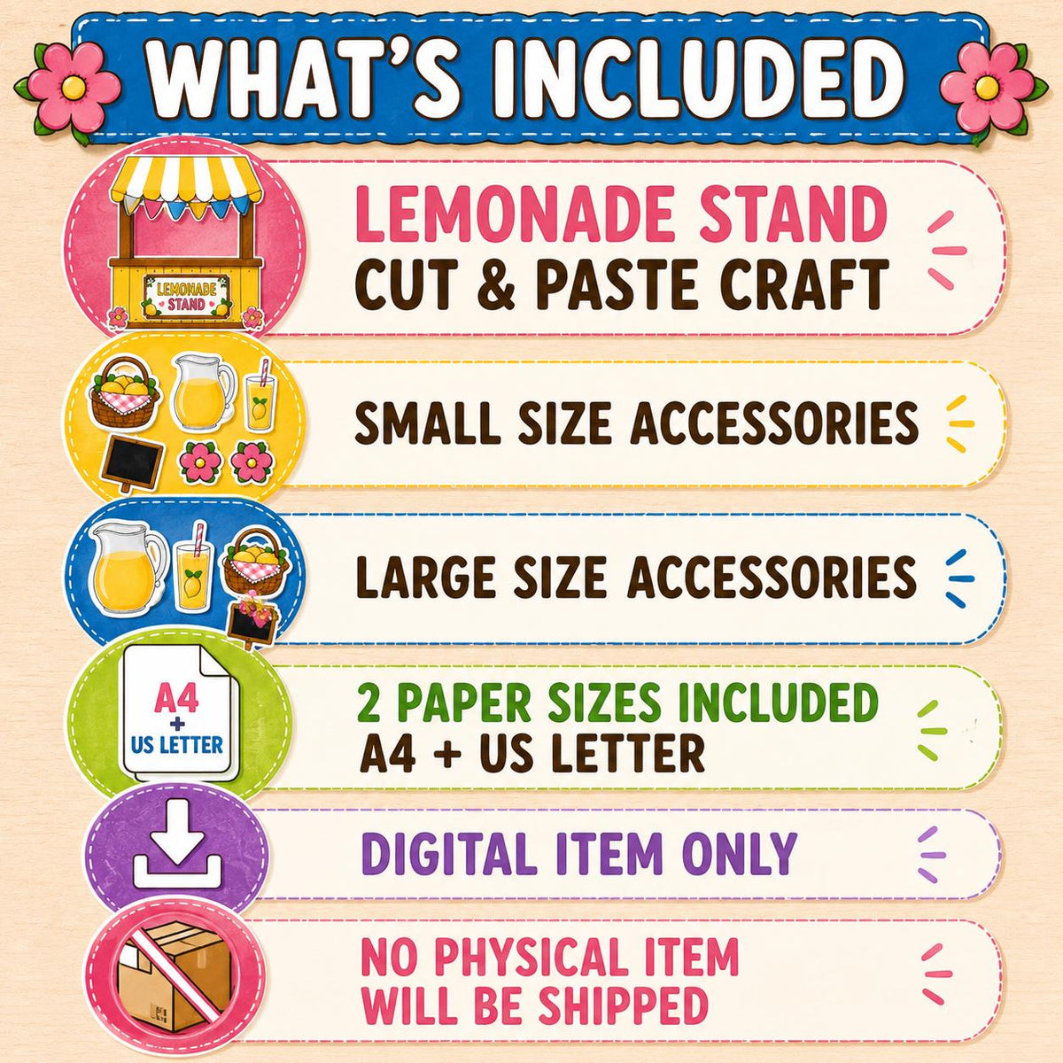 Lemonade Stand Printable Craft, Cut and Paste Summer Activity for Kids, Pretend Play Build a Lemonade Stand,
