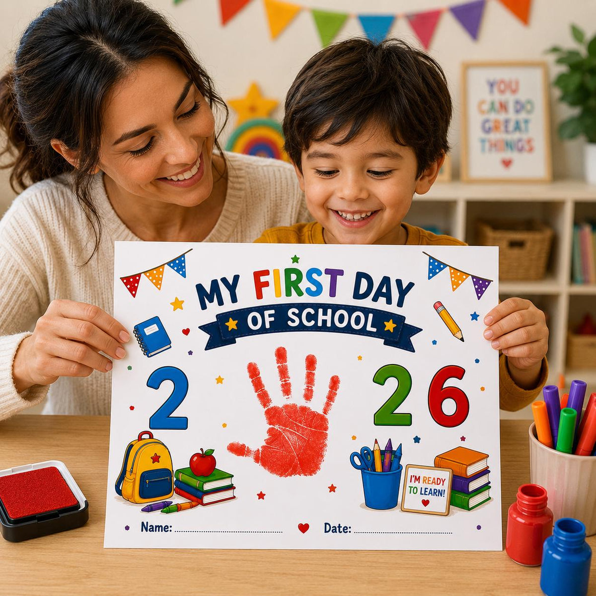 First Day of School Handprint Craft Printable | 2026 School Keepsake | Back to School Handprint | A4 & US Letter PDF | Kids Memory Activity