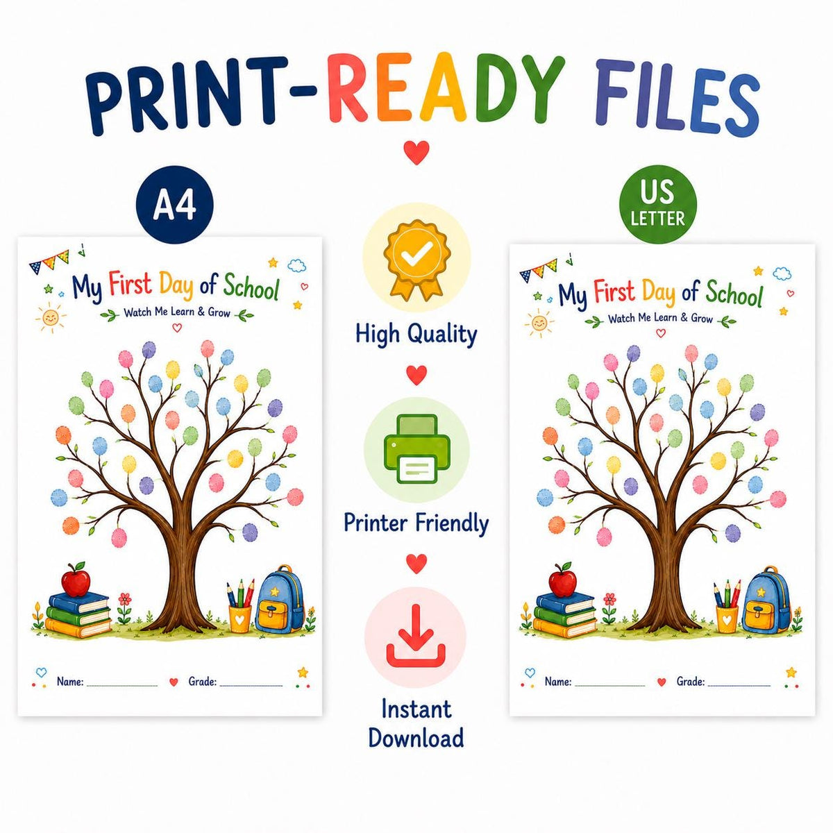First Day of School Fingerprint Tree Craft Printable, Back to School Keepsake, Kids Fingerprint Craft, School Memory Activity Kids Keepsake