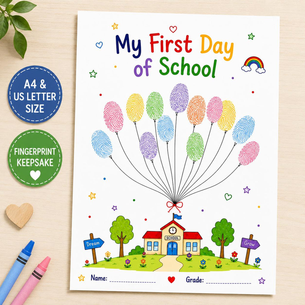 First Day of School Fingerprint Balloons Printable, Back to School Keepsake, Kids Thumbprint Craft, School Memory Activi