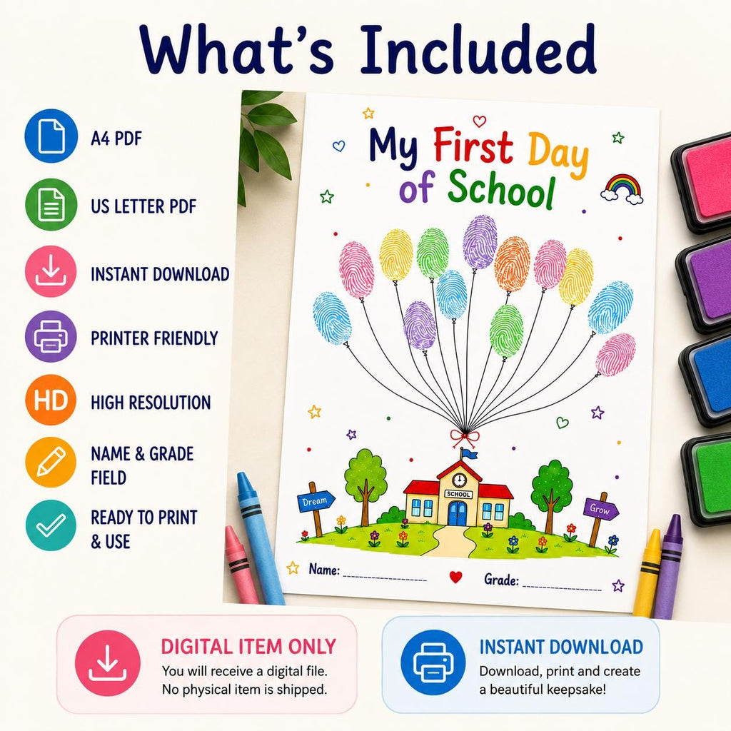 First Day of School Fingerprint Balloons Printable, Back to School Keepsake, Kids Thumbprint Craft, School Memory Activity