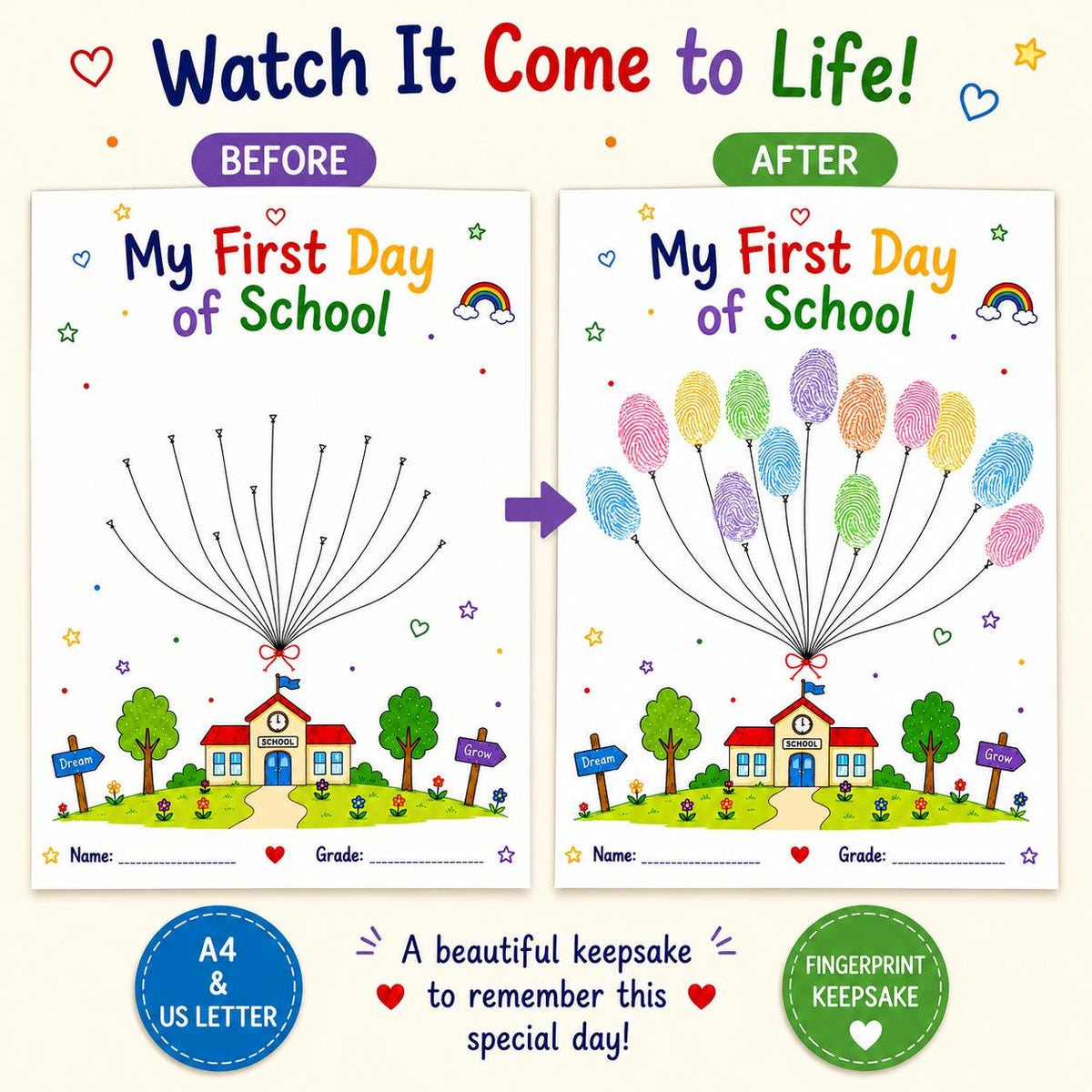 First Day of School Fingerprint Balloons Printable, Back to School Keepsake, Kids Thumbprint Craft, School Memory Activity