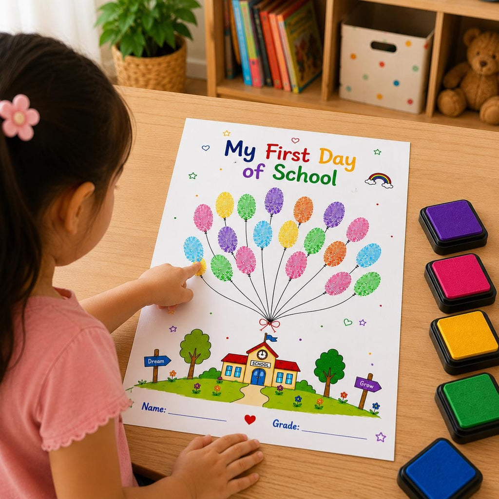 First Day of School Fingerprint Balloons Printable, Back to School Keepsake, Kids Thumbprint Craft, School Memory Activity