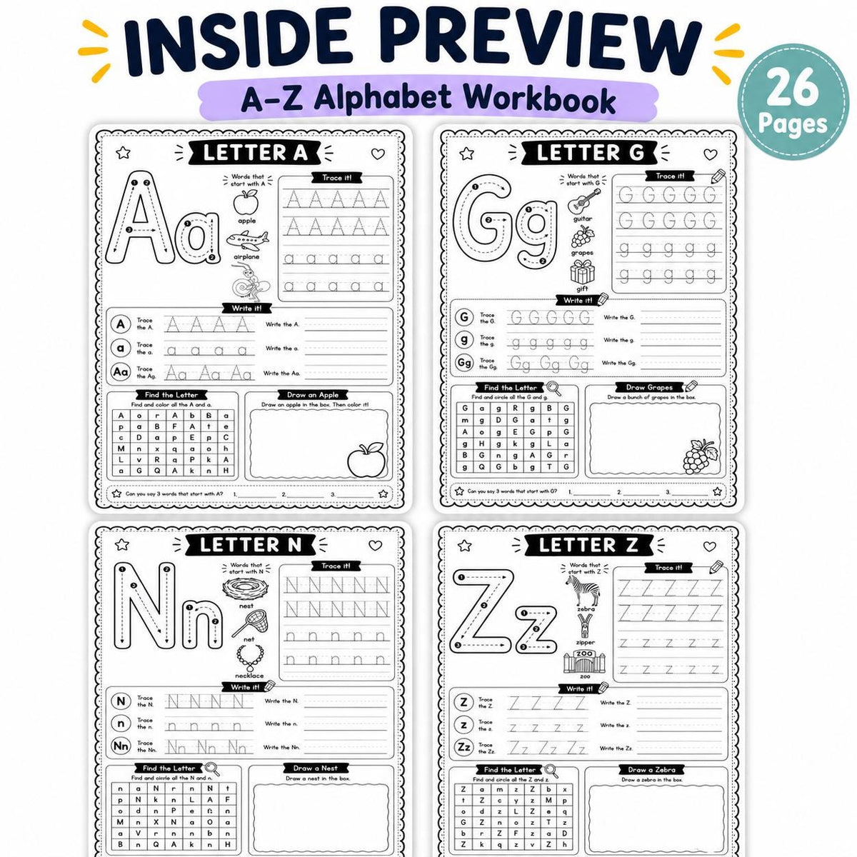Alphabet Tracing Workbook for Kids, A to Z Letter Worksheets, Preschool Kindergarten Handwriting Practice, Uppercase Lowercase Printable PDF