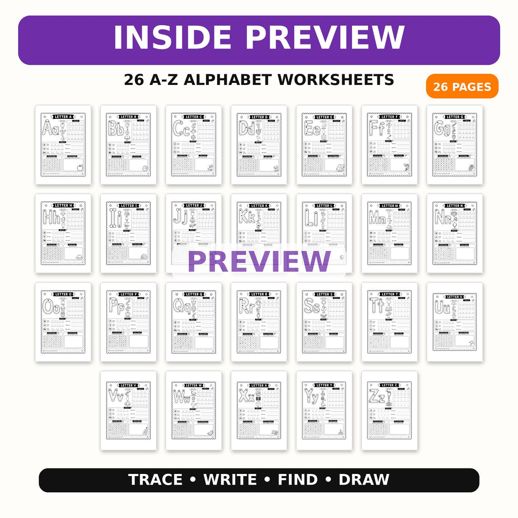 Alphabet Tracing Workbook for Kids, A to Z Letter Worksheets, Preschool Kindergarten Handwriting Practice, Uppercase Lowercase Printable PDF
