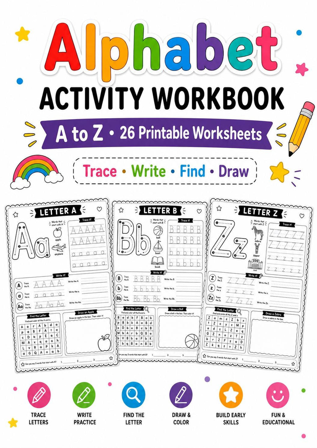 Alphabet Tracing Workbook for Kids, A to Z Letter Worksheets, Preschool Kindergarten Handwriting Practice, Uppercase Lowercase Printable PDF