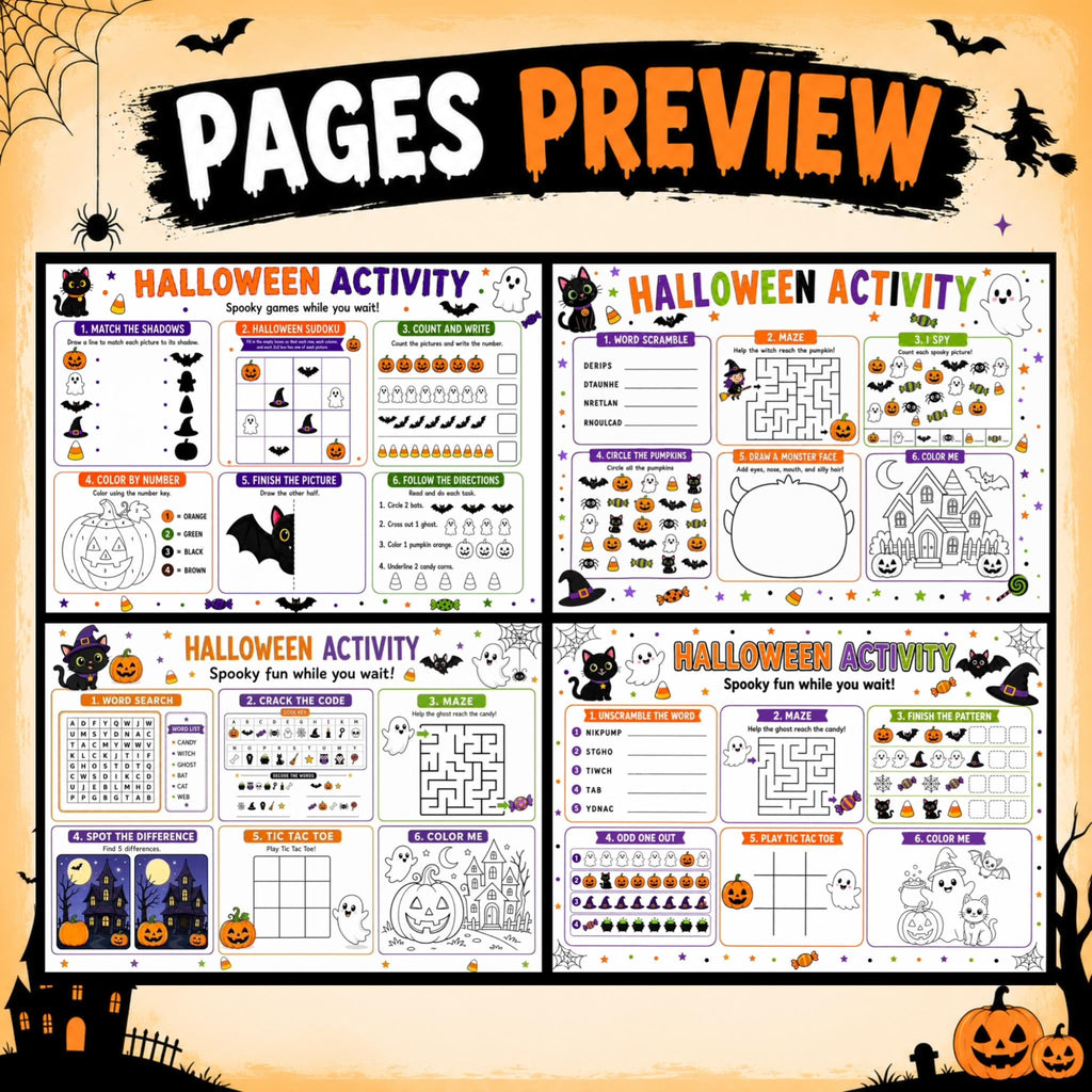 Halloween Activity Placemats, Printable Trick or Treat Activities, Halloween Party Games for Kids, Scary Activities and Table Games