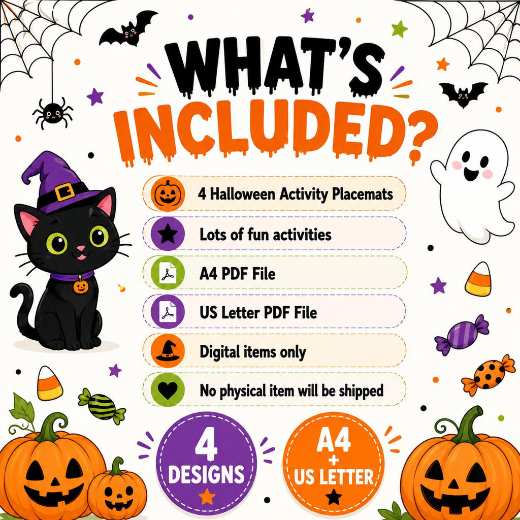 Halloween Activity Placemats, Printable Trick or Treat Activities, Halloween Party Games for Kids, Scary Activities and Table Games