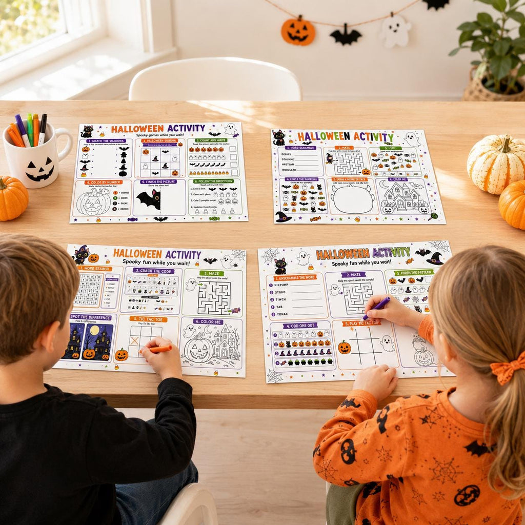 Halloween Activity Placemats, Printable Trick or Treat Activities, Halloween Party Games for Kids, Scary Activities and Table Games