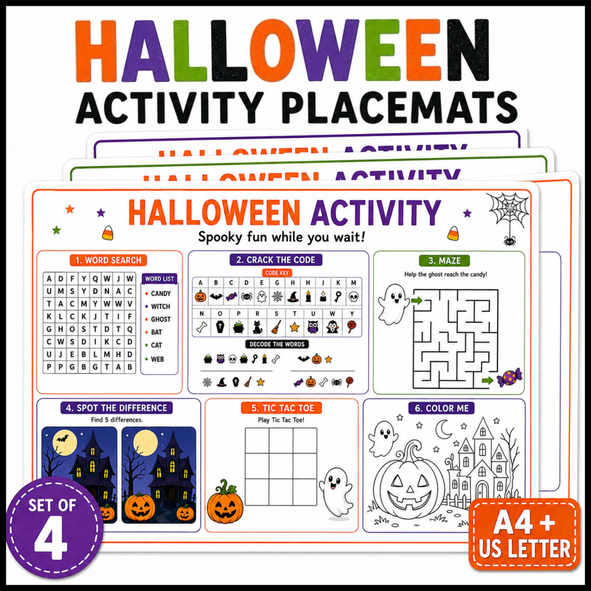 Halloween Activity Placemats, Printable Trick or Treat Activities, Halloween Party Games for Kids, Scary Activities and 