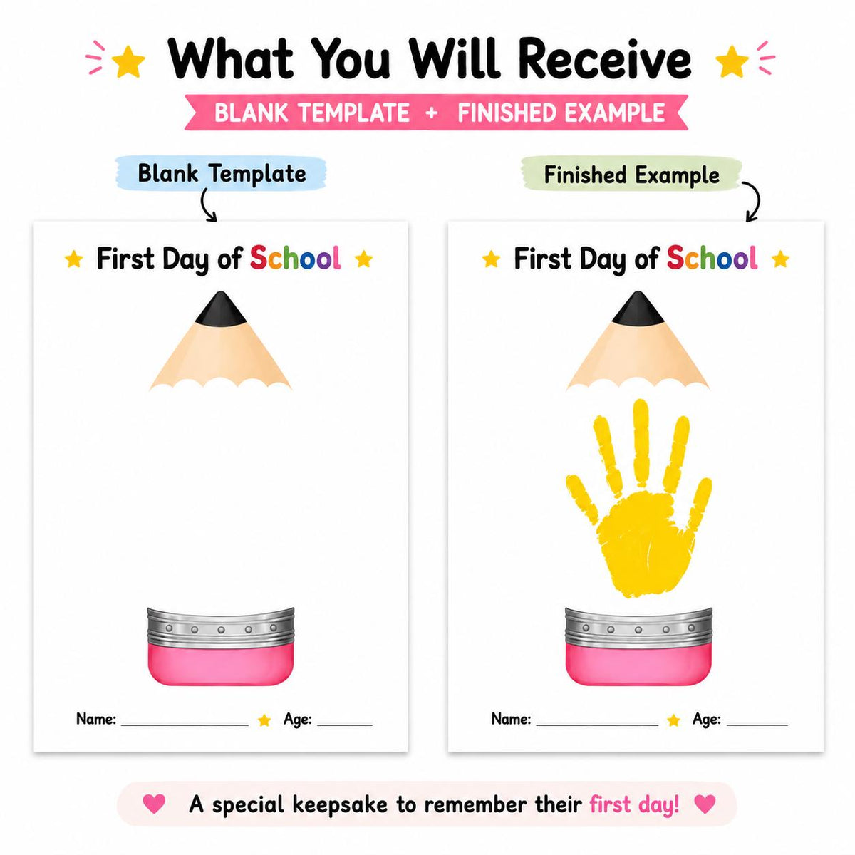 First Day of School Handprint Craft, Back to School Keepsake Printable, Pencil Handprint Art, First Day School Activity for Kids