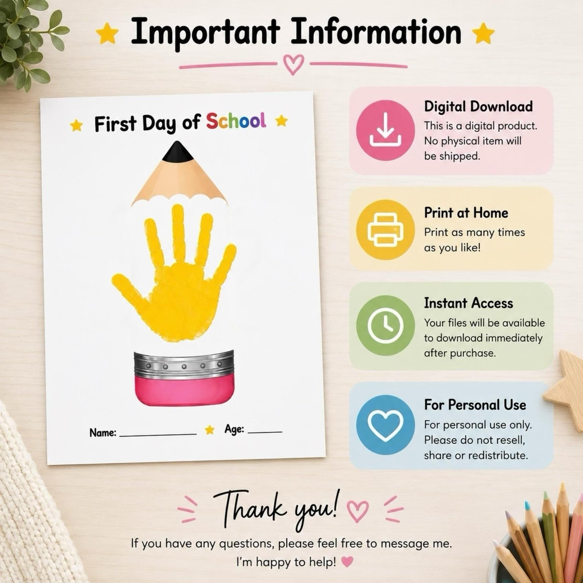 First Day of School Handprint Craft, Back to School Keepsake Printable, Pencil Handprint Art, First Day School Activity for Kids