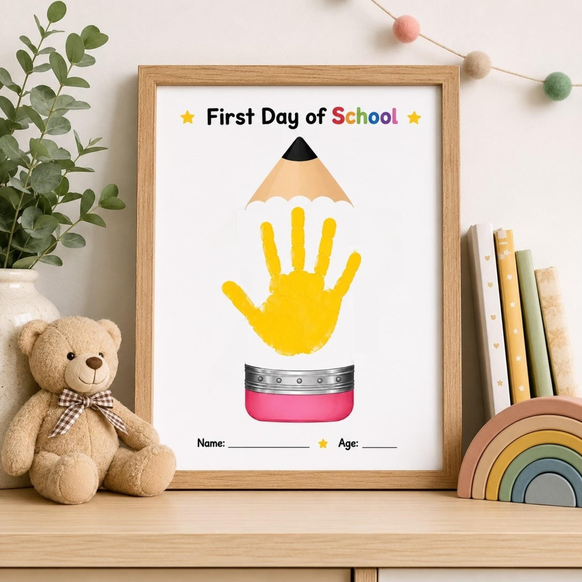 First Day of School Handprint Craft, Back to School Keepsake Printable, Pencil Handprint Art, First Day School Activity for Kids