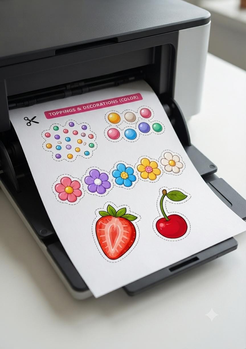 Decorate Your Cake Printable Craft Set, Birthday Cake Cut and Paste Activity, Color & Black White Version, Kids Party Printable