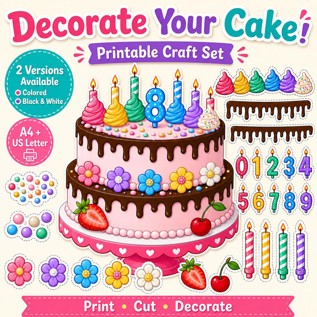 Decorate Your Cake Printable Craft Set, Birthday Cake Cut and Paste Activity, Color & Black White Version, Kids Party Printable