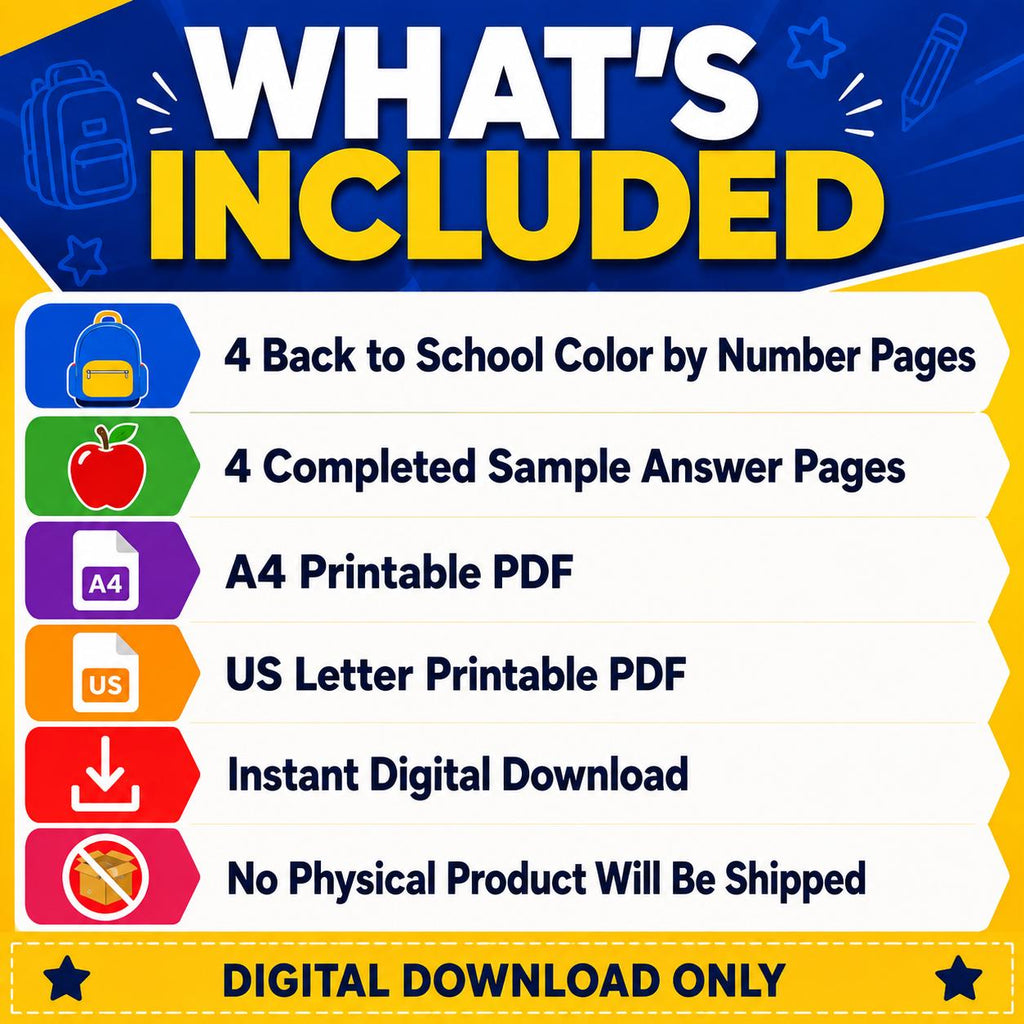 Back to School Color by Number, School Coloring Pages for Kids, Number Recognition Activity, Classroom Activity Pages