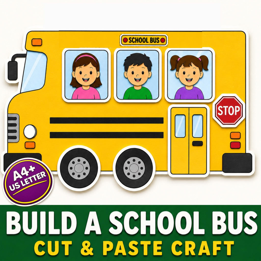 School Bus Cut and Paste Craft, Back to School Printable Activity, School Bus Craft for Kids, Preschool Kindergarten Cut