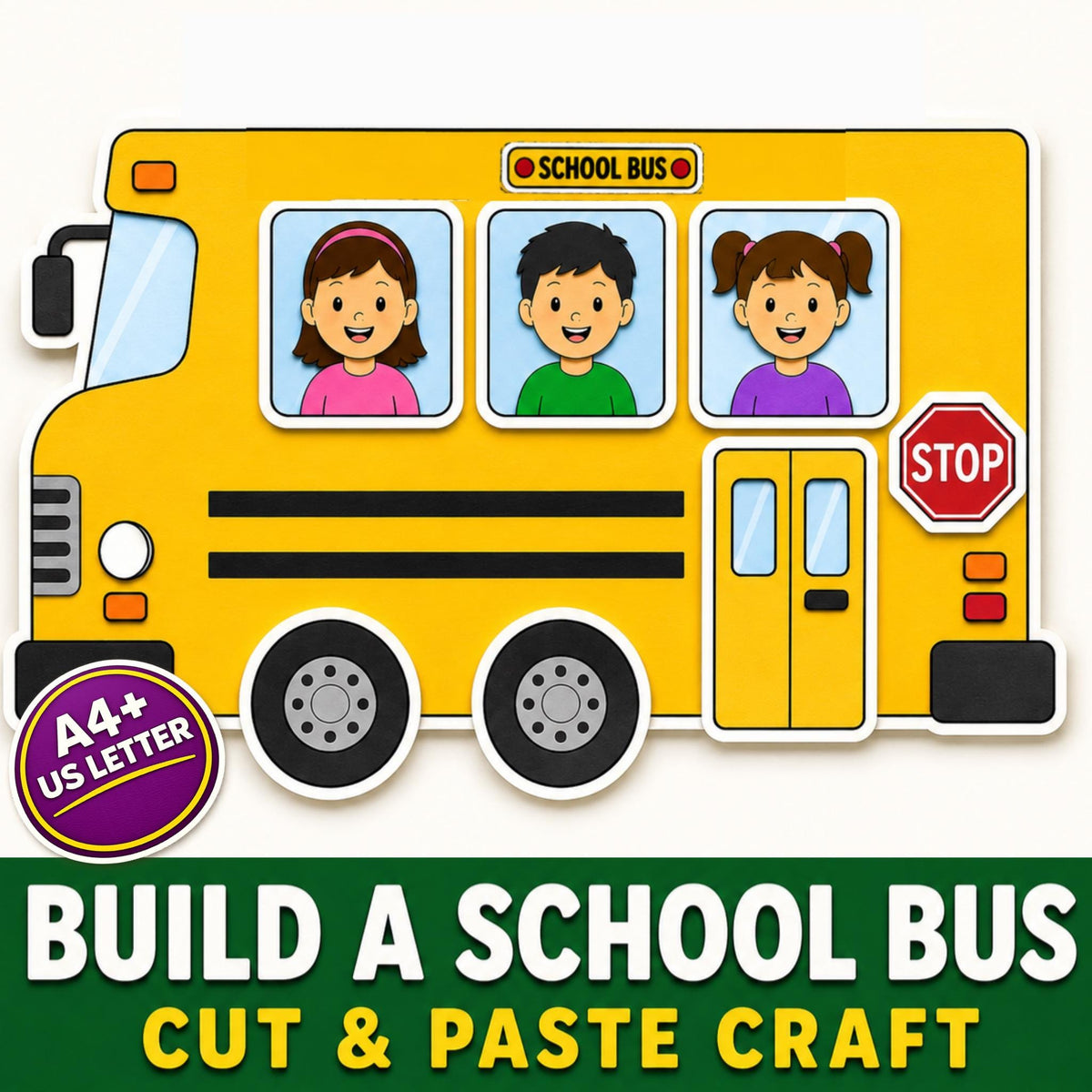 School Bus Cut and Paste Craft, Back to School Printable Activity, School Bus Craft for Kids, Preschool Kindergarten Cut