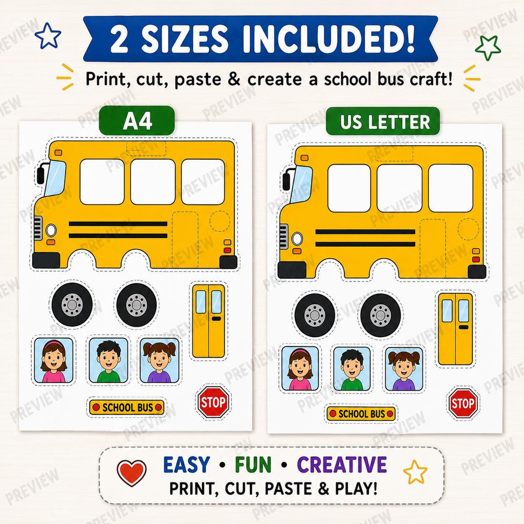 School Bus Cut and Paste Craft, Back to School Printable Activity, School Bus Craft for Kids, Preschool Kindergarten Cutting and Pasting