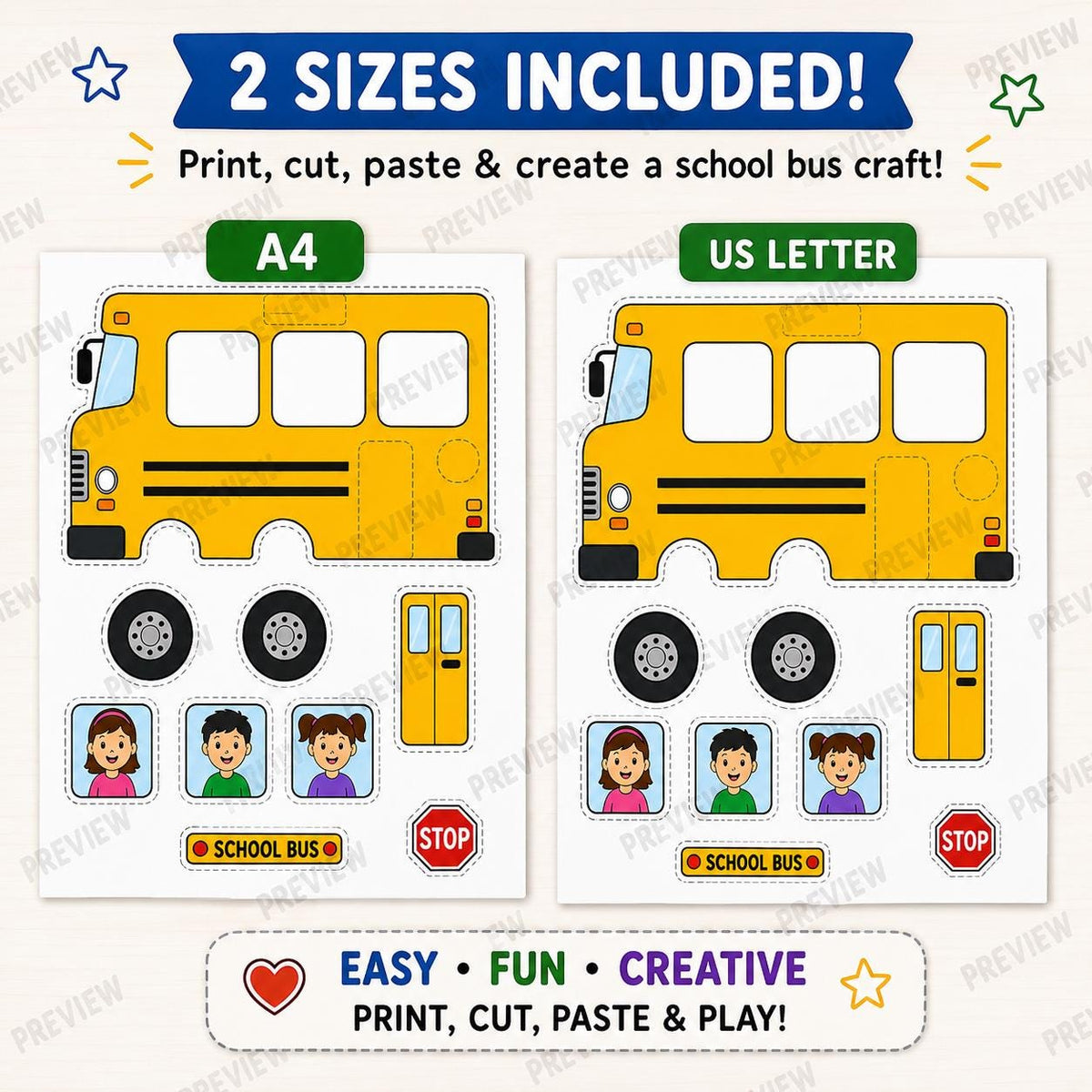 School Bus Cut and Paste Craft, Back to School Printable Activity, School Bus Craft for Kids, Preschool Kindergarten Cutting and Pasting