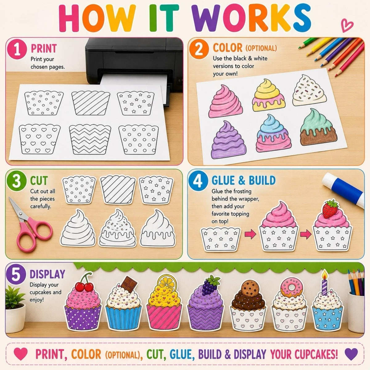 Cupcake Cut and Paste Craft, Build a Cupcake Printable, Cutting and Pasting Activity, Birthday Craft for Kids, Cupcake Coloring Pages