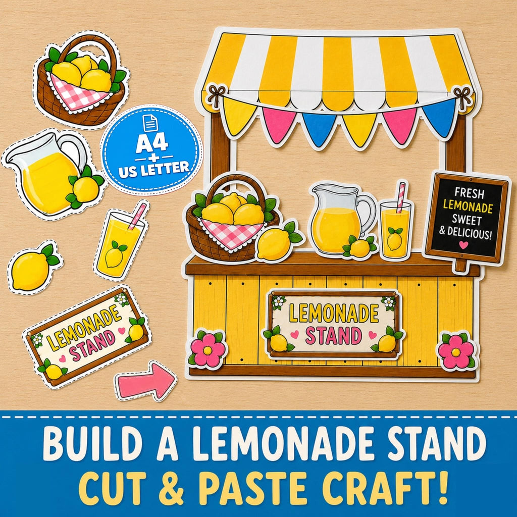 Lemonade Stand Printable Craft, Cut and Paste Summer Activity for Kids, Pretend Play Build a Lemonade Stand,