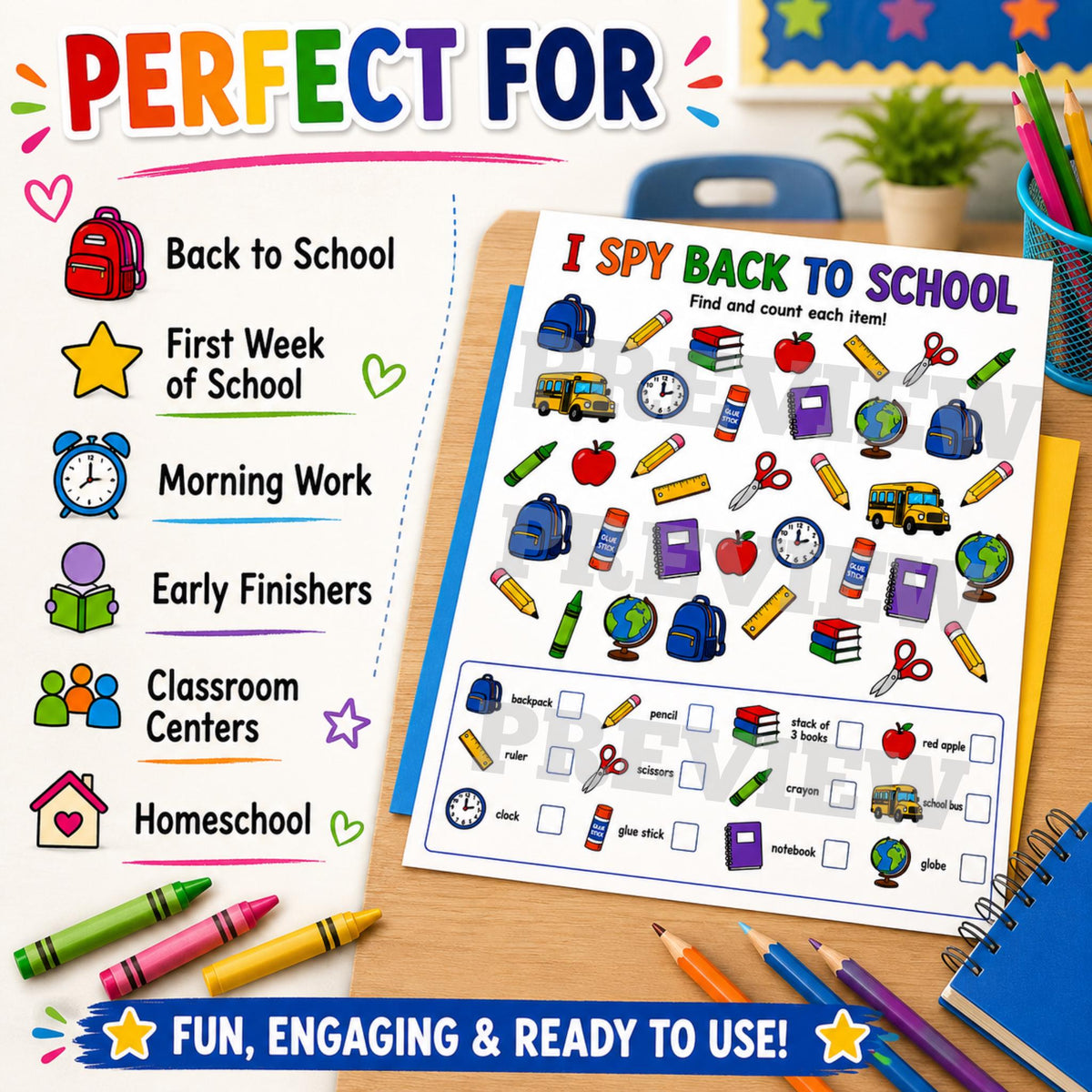 Back to School I Spy Printable, School I Spy Activity, First Day of School Activity, Coloring Worksheet, Classroom Printable PDF