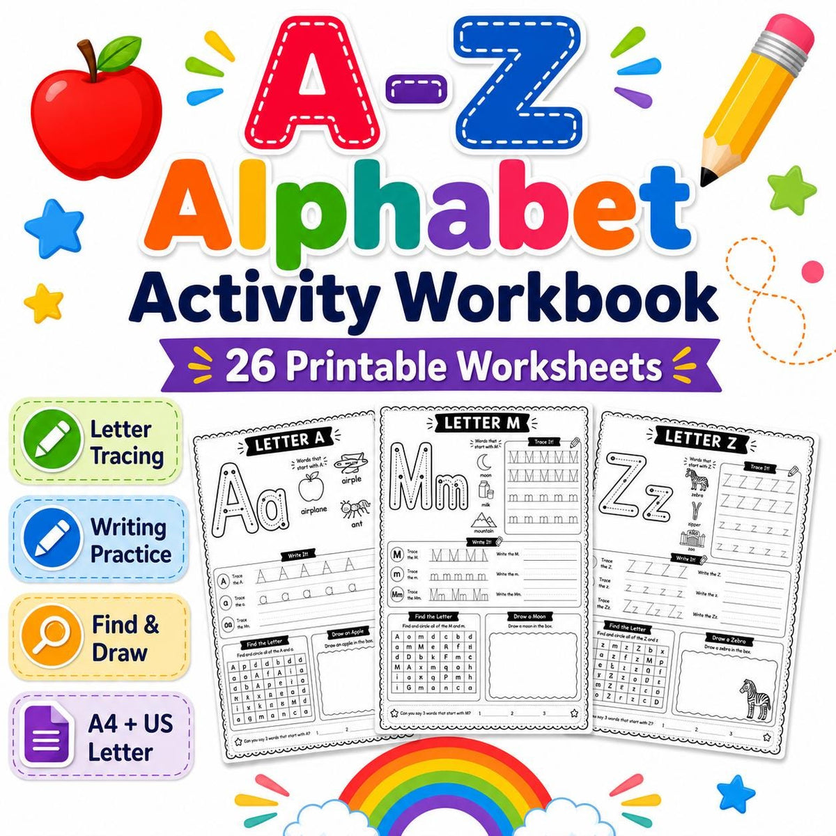 Alphabet Tracing Workbook for Kids, A to Z Letter Worksheets, Preschool Kindergarten Handwriting Practice, Uppercase Low