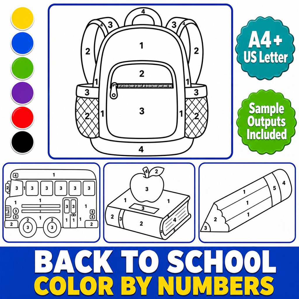 Back to School Color by Number, School Coloring Pages for Kids, Number Recognition Activity, Classroom Activity Pages