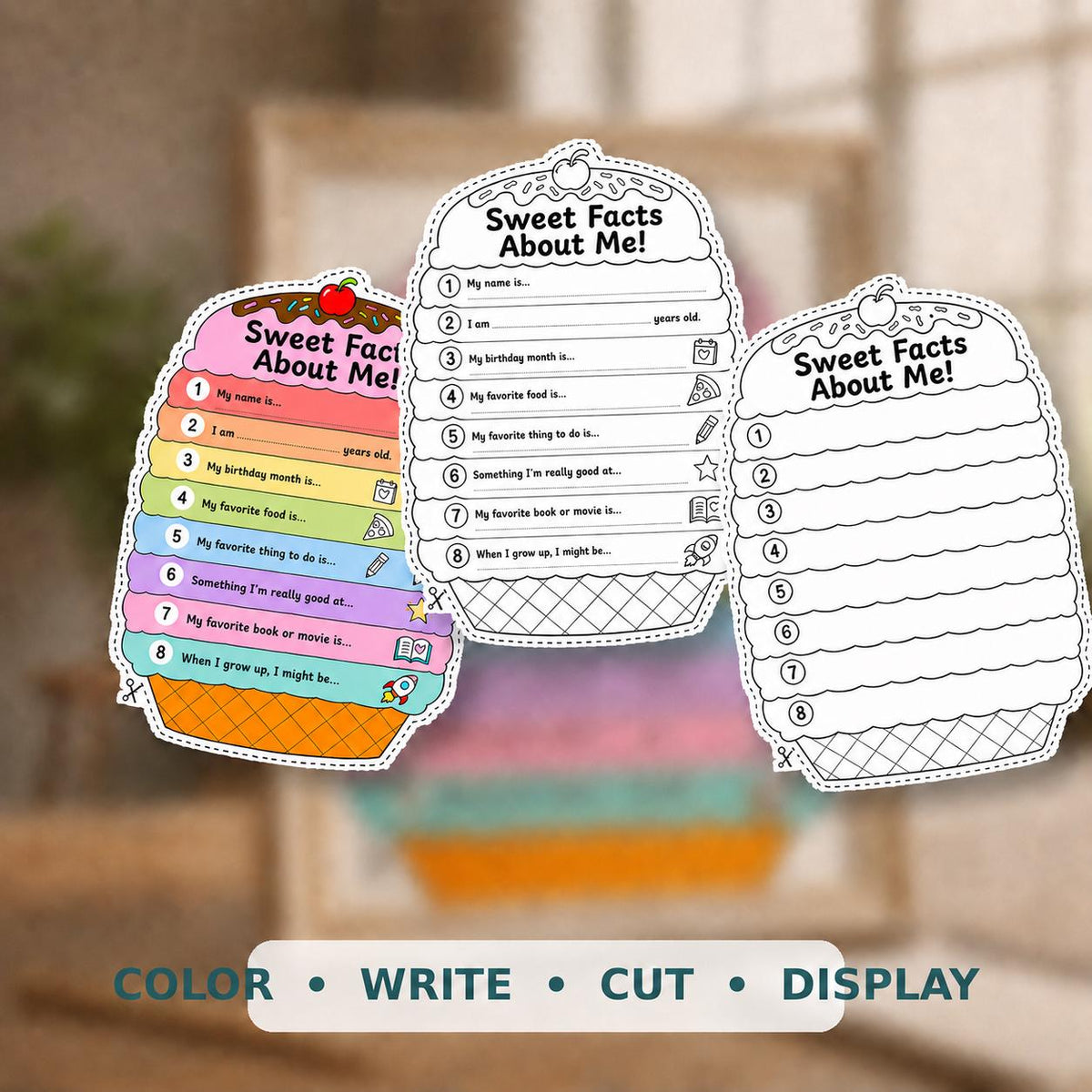 All About Me Ice Cream Craft Printable, Kids About Me Worksheet, Back to School Writing Activity, Coloring Page, A4 US Letter