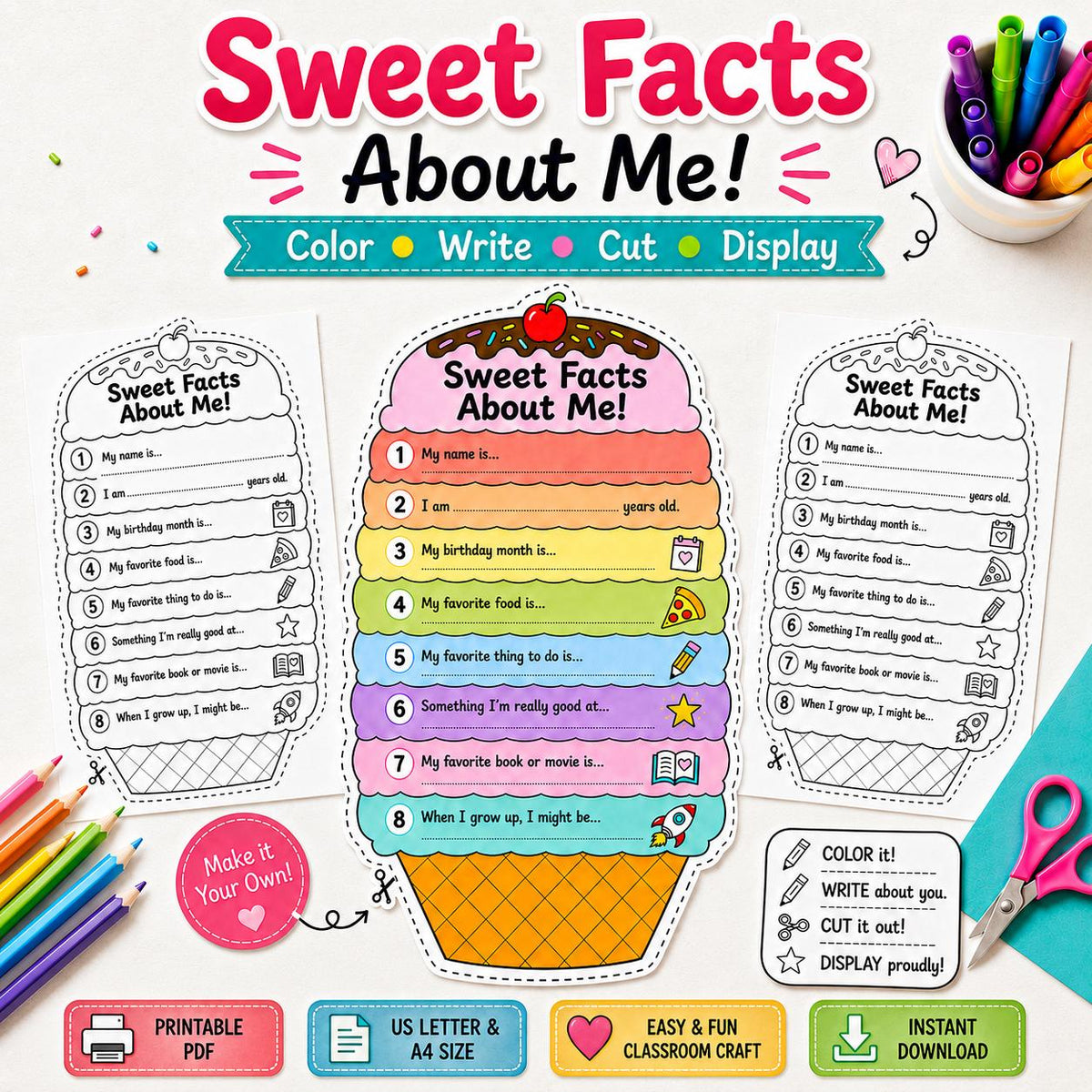 All About Me Ice Cream Craft Printable, Kids About Me Worksheet, Back to School Writing Activity, Coloring Page, A4 US Letter