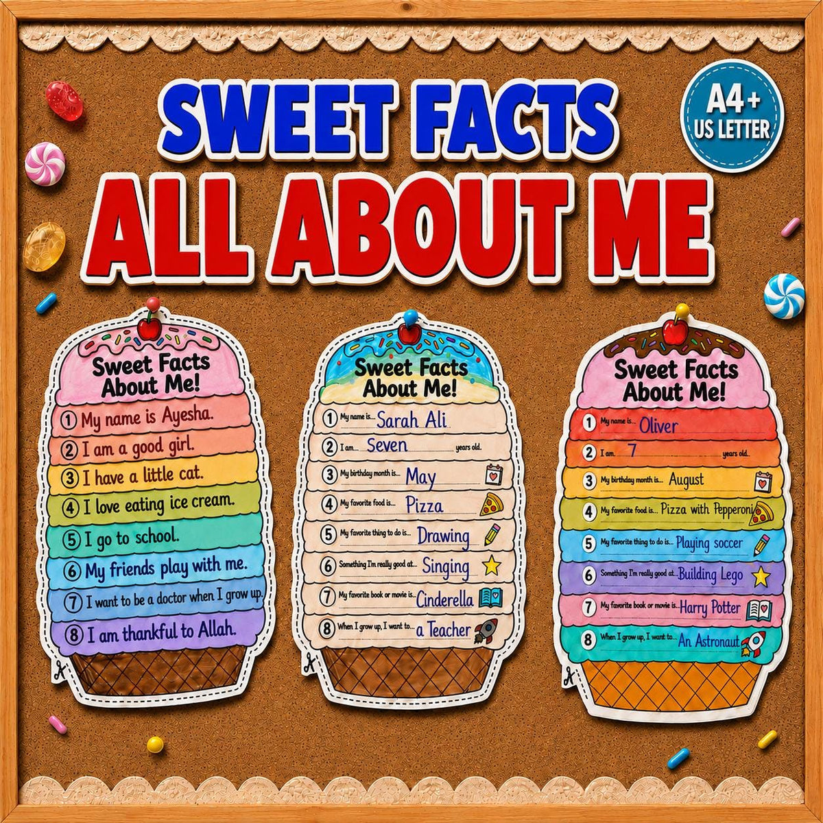 All About Me Ice Cream Craft Printable, Kids About Me Worksheet, Back to School Writing Activity, Coloring Page, A4 US Letter