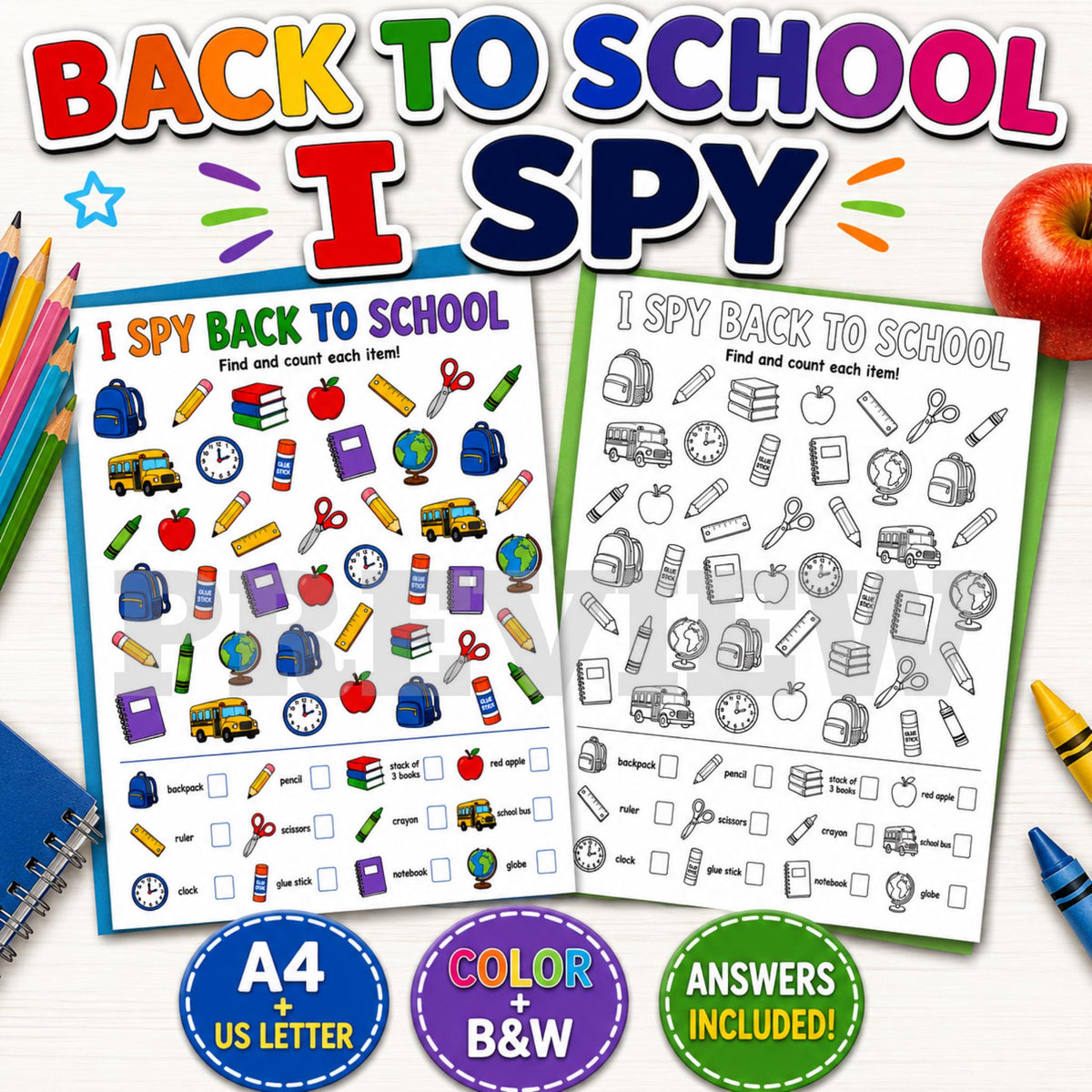 Back to School I Spy Printable, School I Spy Activity, First Day of School Activity, Coloring Worksheet, Classroom Print