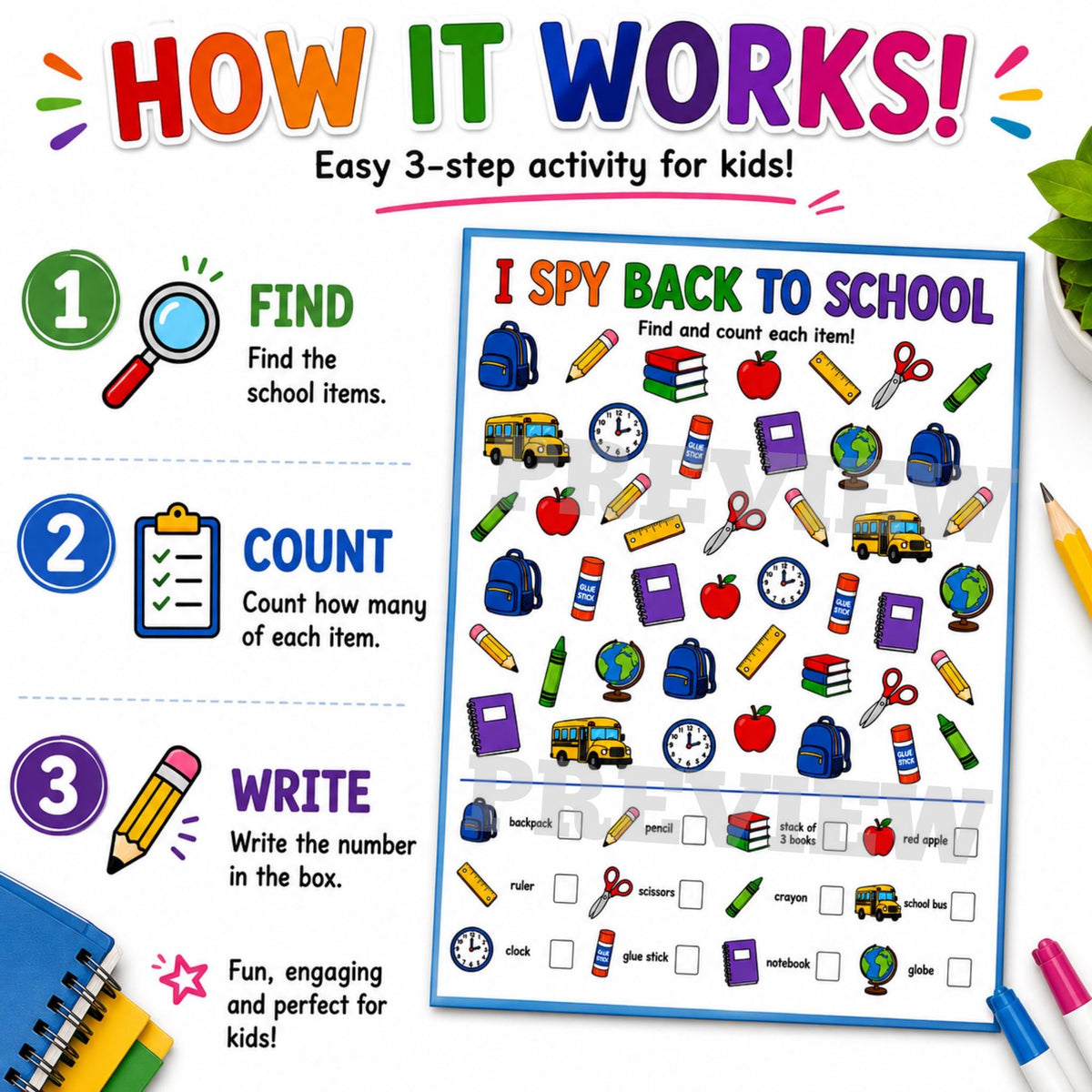 Back to School I Spy Printable, School I Spy Activity, First Day of School Activity, Coloring Worksheet, Classroom Printable PDF
