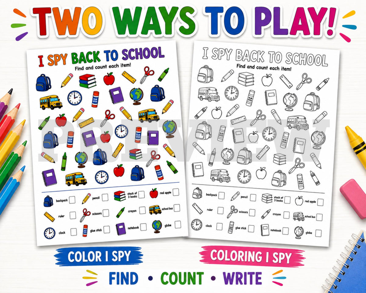 Back to School I Spy Printable, School I Spy Activity, First Day of School Activity, Coloring Worksheet, Classroom Printable PDF