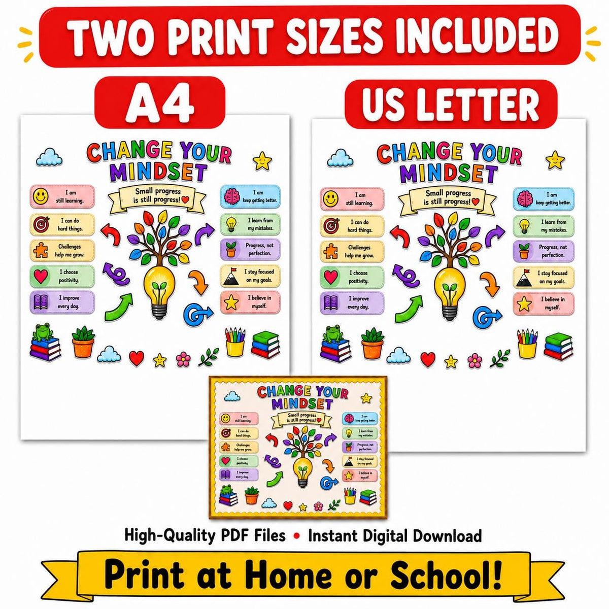 Growth Mindset Bulletin Board Printable, Student Affirmation Cards, Classroom and Individual Use
