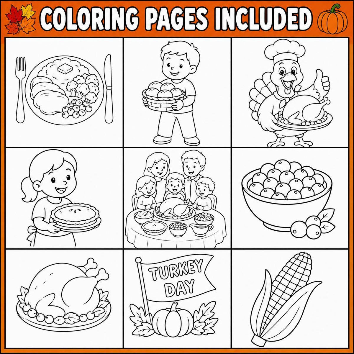 Thanksgiving Coloring Pages for Kids, Turkey Coloring Pages, Printable Thanksgiving Activity, Classroom & Kids Table Activity