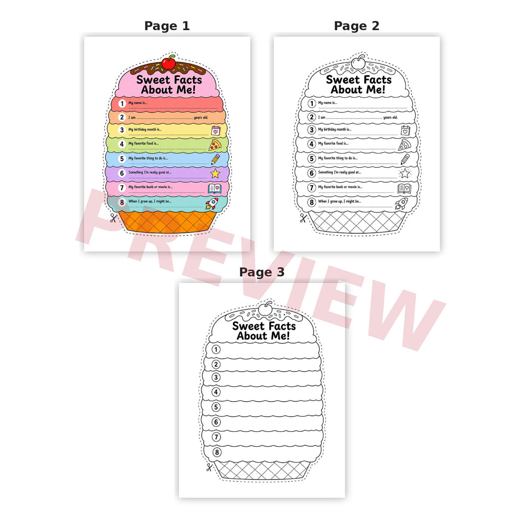 All About Me Ice Cream Craft Printable, Kids About Me Worksheet, Back to School Writing Activity, Coloring Page, A4 US Letter