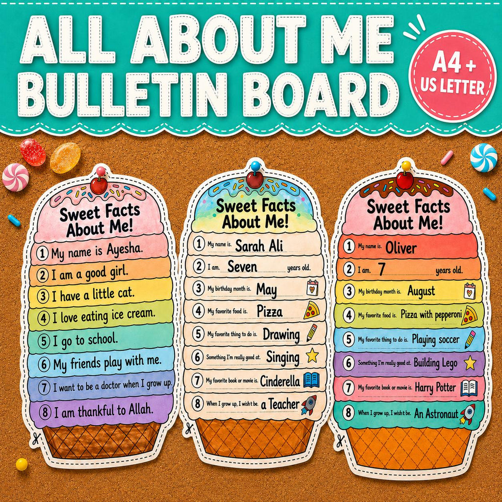 All About Me Ice Cream Craft Printable, Kids About Me Worksheet, Back to School Writing Activity, Coloring Page, A4 US L