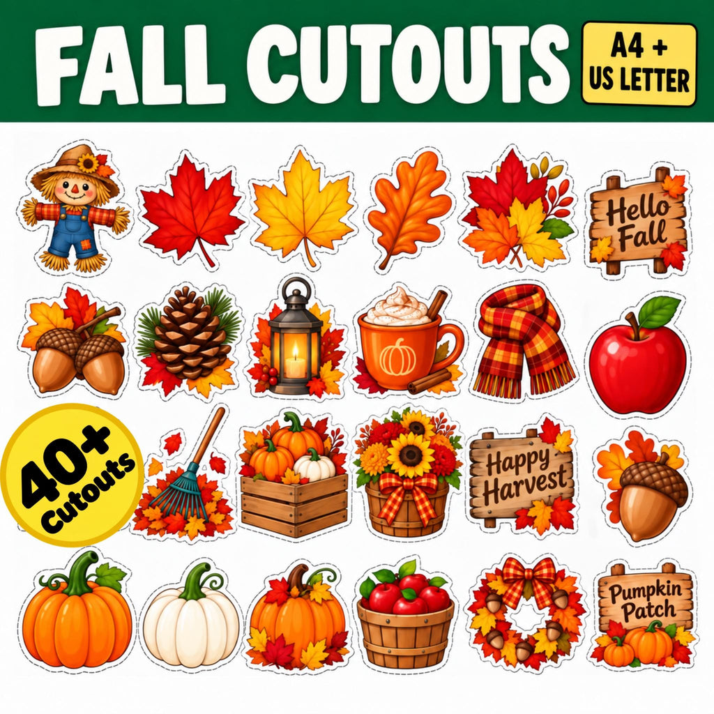 Fall Cutouts Printable for Kids | Autumn Classroom Decor | Fall Bulletin Board Decor | Autumn Craft Activity | Kids Fall