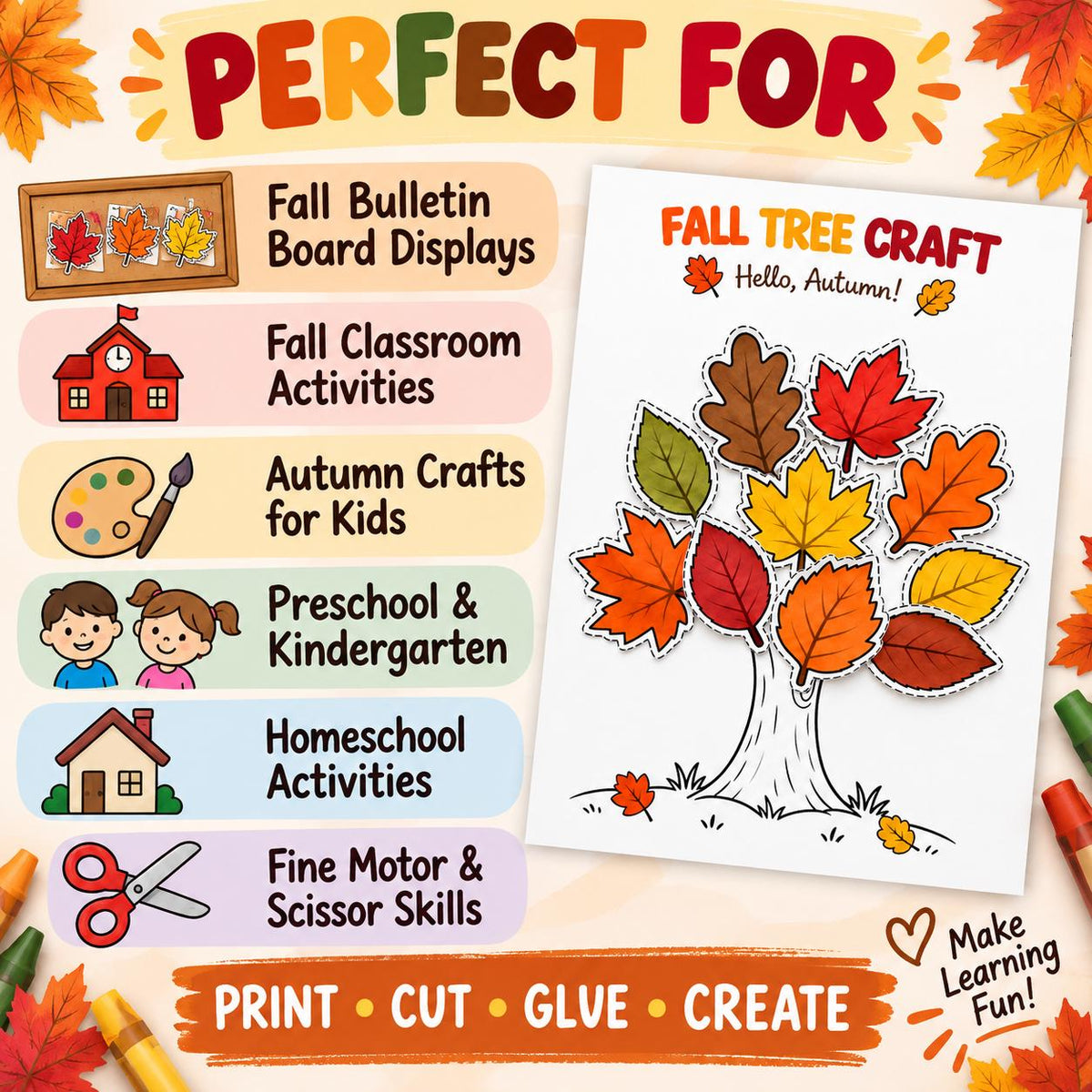 Fall Craft Tree for Kids, Fall Bulletin Board Craft, Autumn Classroom Activity, Cut and Paste Leaves, Fall Activities for Kids, Autumn Craft