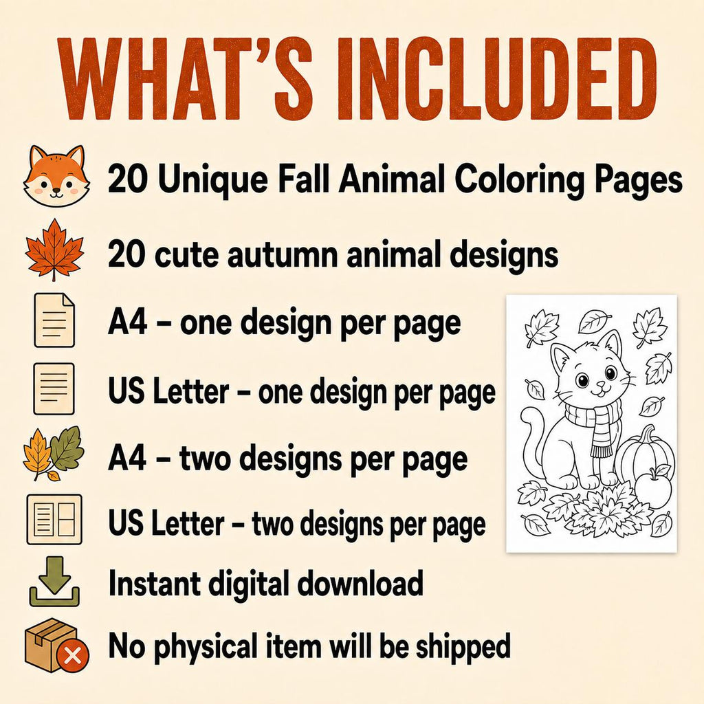 Fall Animal Coloring Pages for Kids | 20 Autumn Animals Printable PDF | Kids Autumn Activity | Woodland Coloring Book | Fall Activities
