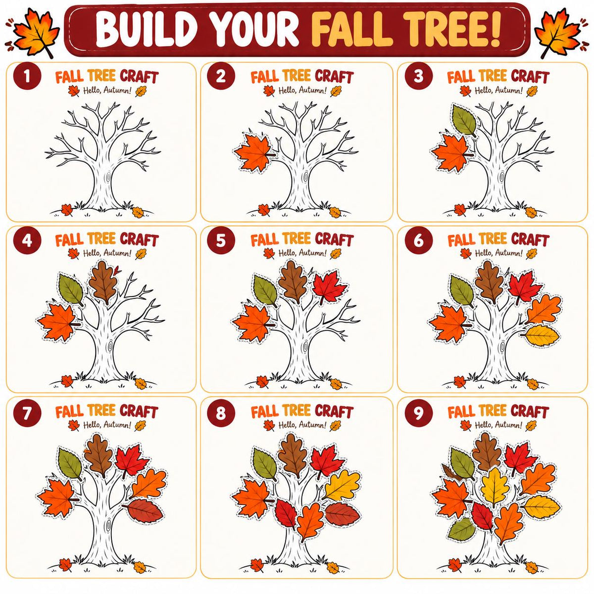 Fall Craft Tree for Kids, Fall Bulletin Board Craft, Autumn Classroom Activity, Cut and Paste Leaves, Fall Activities for Kids, Autumn Craft