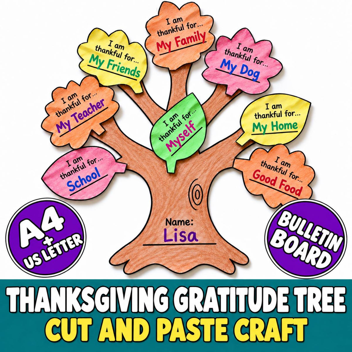 Thanksgiving Gratitude Tree Craft, Thankful Tree Cut and Paste Activity, Fall Craft, Fall Classroom Bulletin Board, Autu